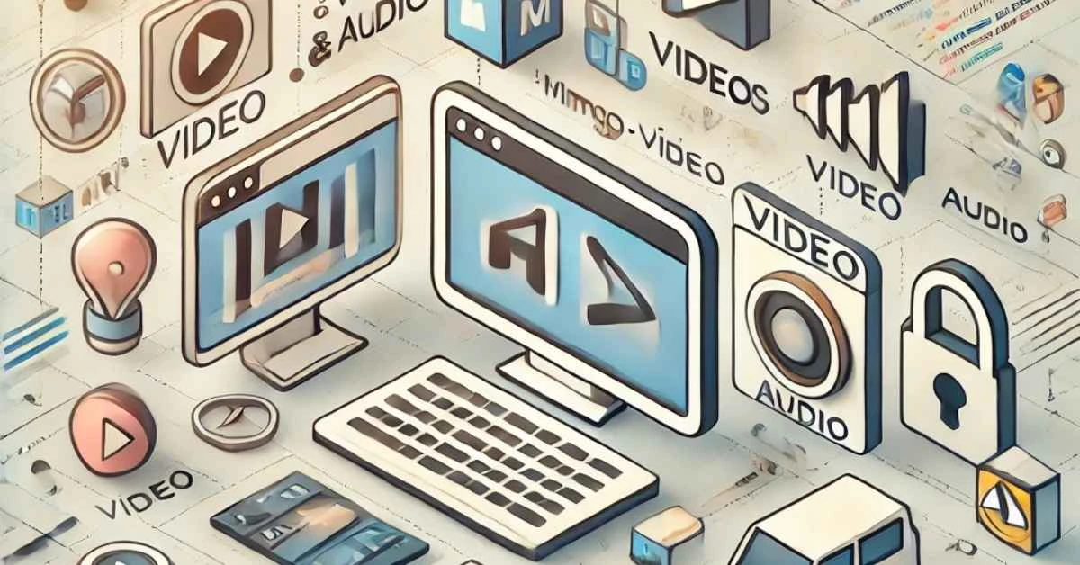 Illustration of multimedia elements like images, videos, and audio with HTML code snippets for web development.
