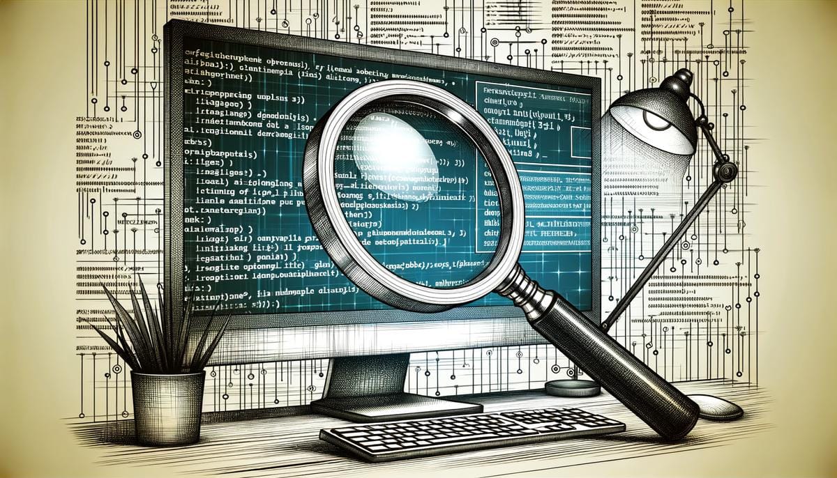 A magnifying glass hovering over a computer screen with lines of code, symbolizing efficient debugging of runtime errors