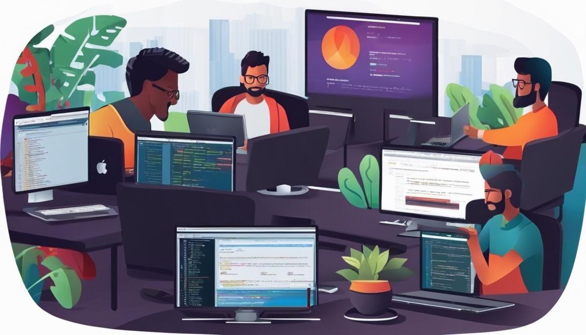 A group of developers collaborating on code with Java development tools displayed on the screen.