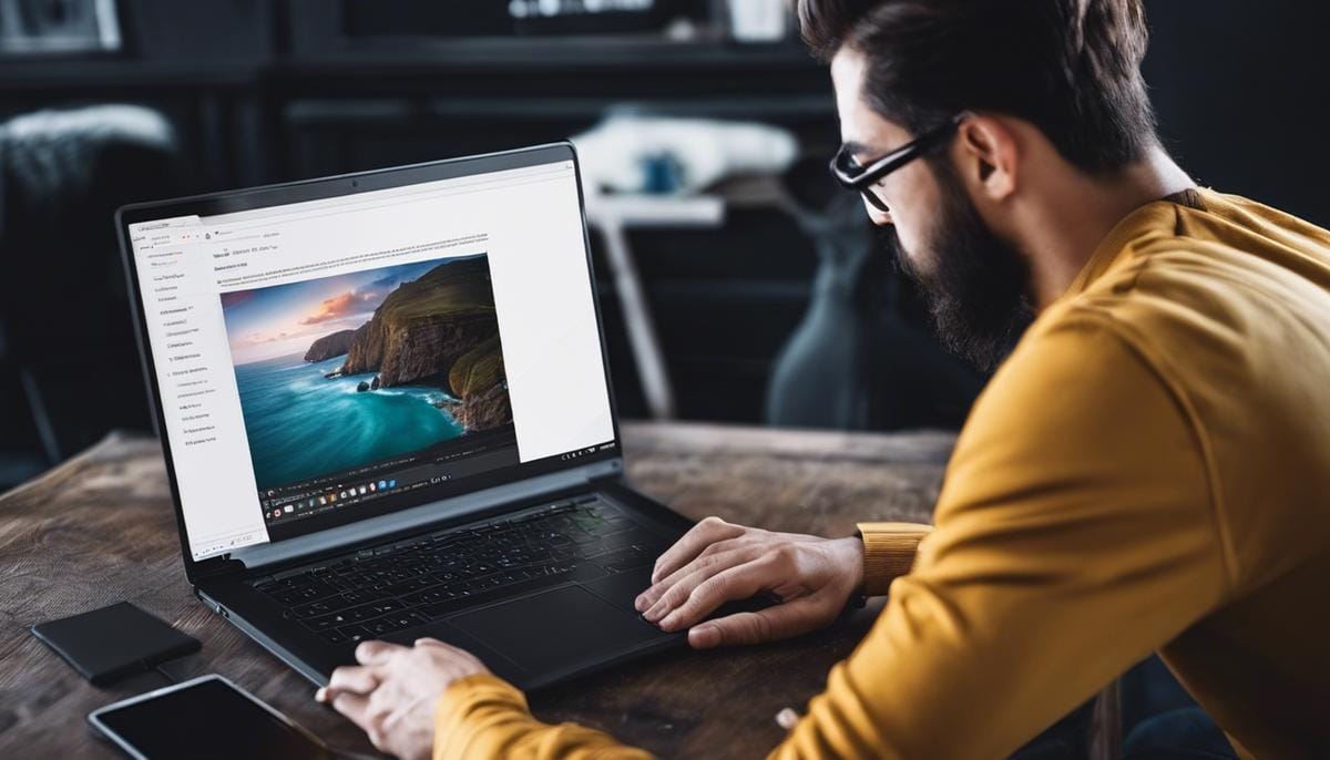 An image showing a web developer using Tailwind CSS, typing code on a laptop.