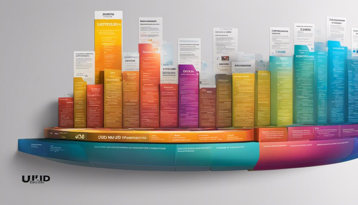 An image demonstrating the concept of UUID in JavaScript, representing each section with different colors to illustrate the unique identification feature of UUID.